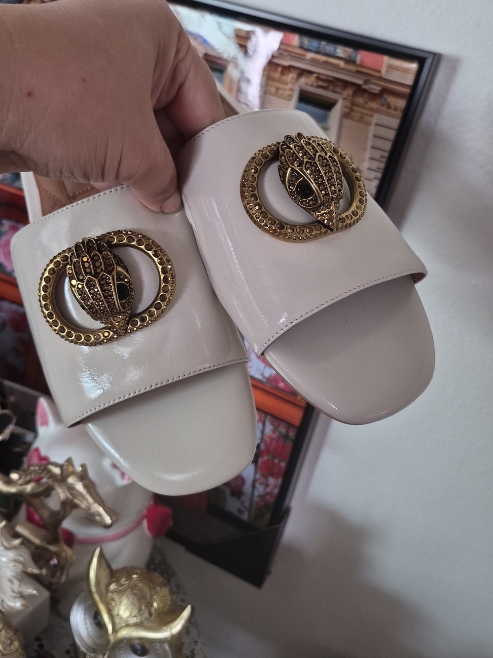Kurt Geiger Cream Patent Slide Sandals with Gold Eagle Head